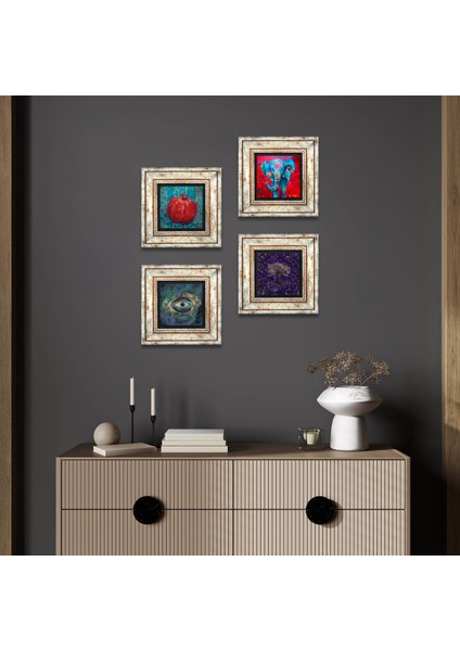 Hayat Ağacı, Fil, Nazar, Nar Taş Duvar Tablosu Çerçeveli Duvar Dekoru 4 Parça Tablo Seti Wall Art T4-1283