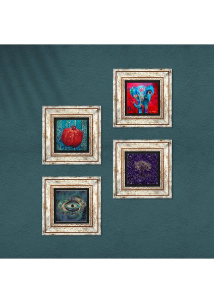Hayat Ağacı, Fil, Nazar, Nar Taş Duvar Tablosu Çerçeveli Duvar Dekoru 4 Parça Tablo Seti Wall Art T4-1283 fırsatları