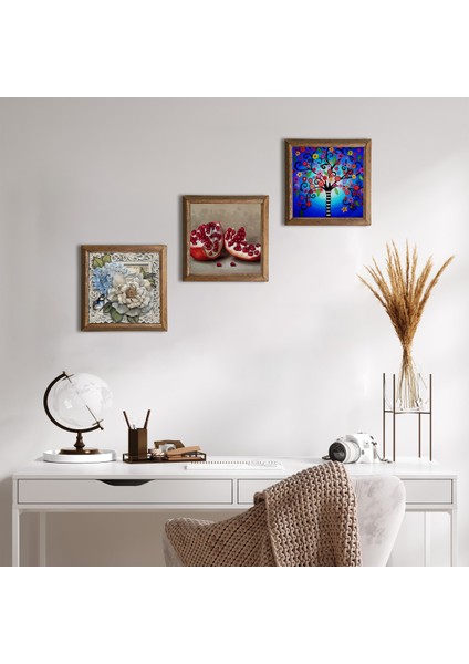 Stone Hayat Ağacı, Kelebekli Çiçek, Nar Ahşap Çerçeveli Taş Duvar Tablosu 3’lü Set – 25x25 cm Dekoratif Modern Sanat – Ev ve Ofis Dekoru |W3-1146|