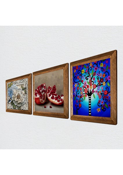 Stone Hayat Ağacı, Kelebekli Çiçek, Nar Ahşap Çerçeveli Taş Duvar Tablosu 3’lü Set – 25x25 cm Dekoratif Modern Sanat – Ev ve Ofis Dekoru |W3-1146| fiyatları