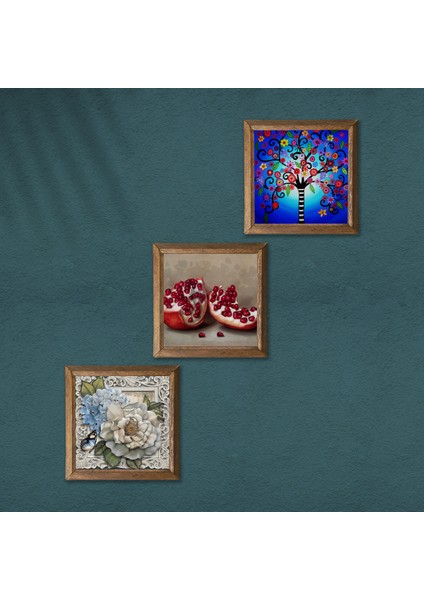 Stone Hayat Ağacı, Kelebekli Çiçek, Nar Ahşap Çerçeveli Taş Duvar Tablosu 3’lü Set – 25x25 cm Dekoratif Modern Sanat – Ev ve Ofis Dekoru |W3-1146| modelleri