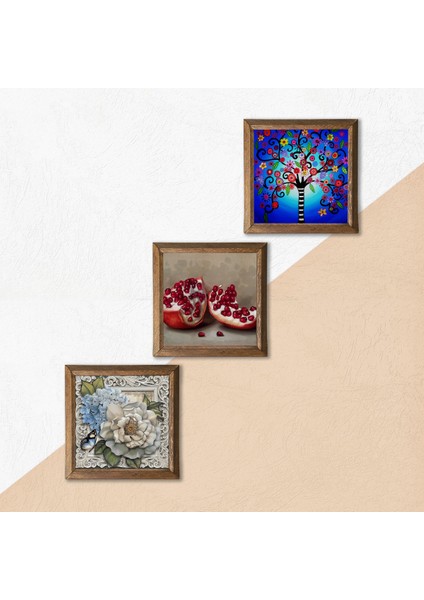 Stone Hayat Ağacı, Kelebekli Çiçek, Nar Ahşap Çerçeveli Taş Duvar Tablosu 3’lü Set – 25x25 cm Dekoratif Modern Sanat – Ev ve Ofis Dekoru |W3-1146| indirimleri