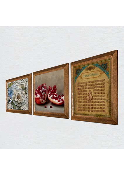 Esma'ül Hüsna, Kelebekli Çiçek, Nar Taş Duvar Tablosu Ahşap Çerçeveli Duvar Dekoru 3 Parça Tablo Seti Wall Art W3-1148 fiyatları