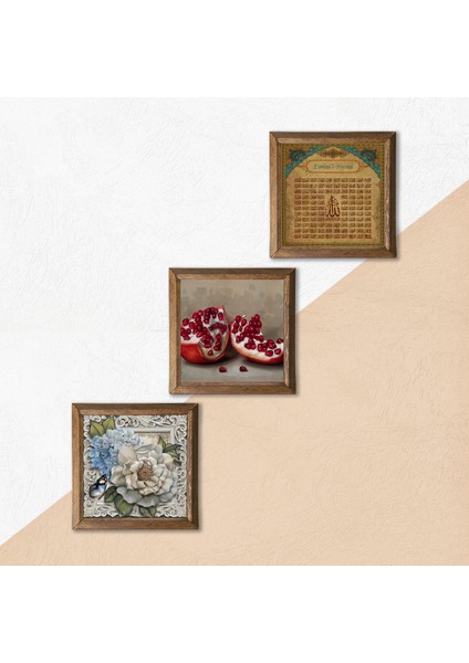 Esma'ül Hüsna, Kelebekli Çiçek, Nar Taş Duvar Tablosu Ahşap Çerçeveli Duvar Dekoru 3 Parça Tablo Seti Wall Art W3-1148 indirimleri