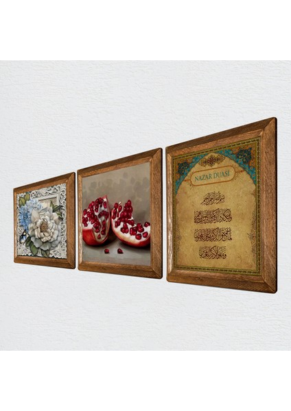 Nazar Duası, Kelebekli Çiçek, Nar Taş Duvar Tablosu Ahşap Çerçeveli Duvar Dekoru 3 Parça Tablo Seti Wall Art W3-1151