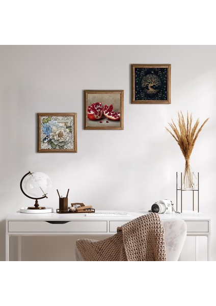 Hayat Ağacı, Kelebekli Çiçek, Nar Taş Duvar Tablosu Ahşap Çerçeveli Duvar Dekoru 3 Parça Tablo Seti Wall Art W3-1159