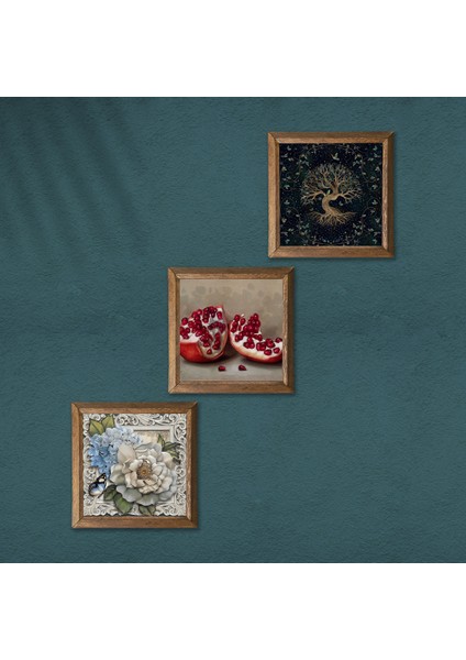 Hayat Ağacı, Kelebekli Çiçek, Nar Taş Duvar Tablosu Ahşap Çerçeveli Duvar Dekoru 3 Parça Tablo Seti Wall Art W3-1159 modelleri