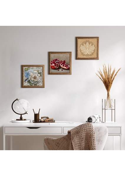 Lotus Çiçeği, Kelebekli Çiçek, Nar Taş Duvar Tablosu Ahşap Çerçeveli Duvar Dekoru 3 Parça Tablo Seti Wall Art W3-1164