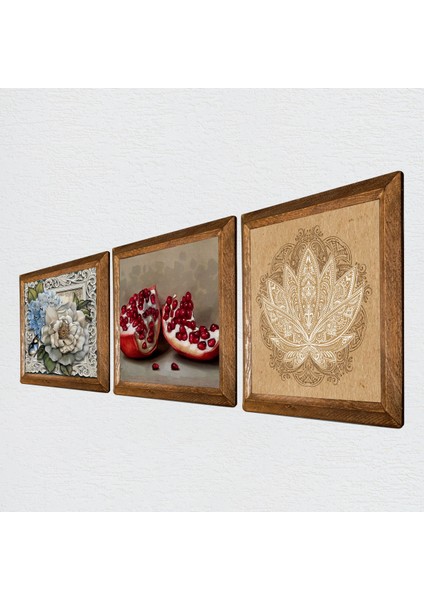 Lotus Çiçeği, Kelebekli Çiçek, Nar Taş Duvar Tablosu Ahşap Çerçeveli Duvar Dekoru 3 Parça Tablo Seti Wall Art W3-1164 fiyatları