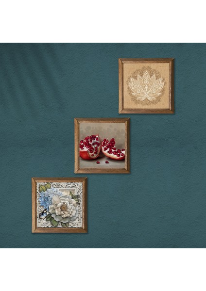 Lotus Çiçeği, Kelebekli Çiçek, Nar Taş Duvar Tablosu Ahşap Çerçeveli Duvar Dekoru 3 Parça Tablo Seti Wall Art W3-1164 modelleri
