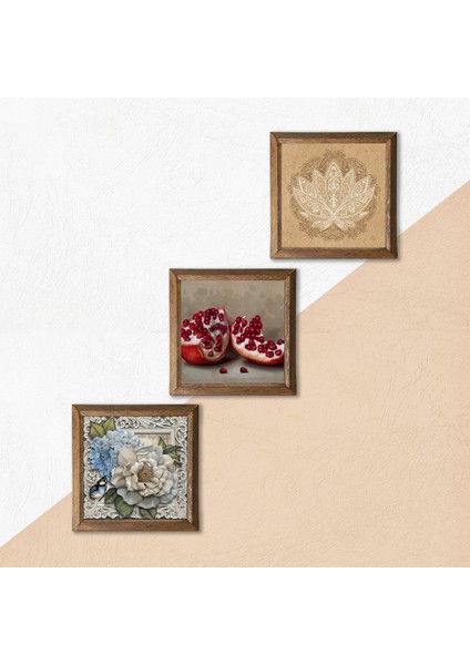 Lotus Çiçeği, Kelebekli Çiçek, Nar Taş Duvar Tablosu Ahşap Çerçeveli Duvar Dekoru 3 Parça Tablo Seti Wall Art W3-1164 indirimleri