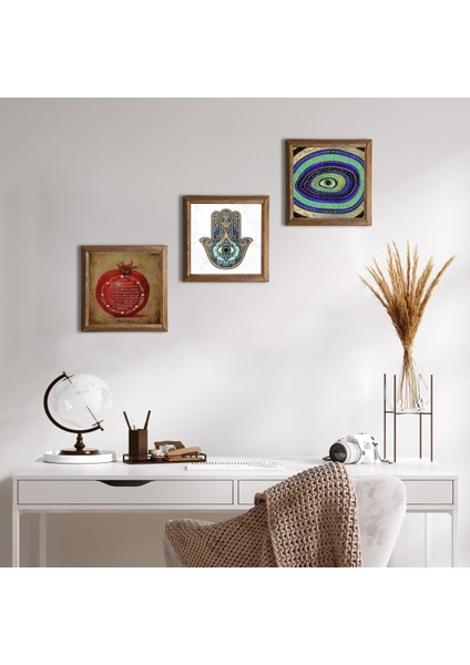 Nazar, Bereket Duası, Fatma Ana Eli (Hamsa) Ahşap Çerçeveli Taş Duvar Tablosu 3’lü Set – 25x25 cm Dekoratif Modern Sanat – Ev ve Ofis Dekoru |W3-117|