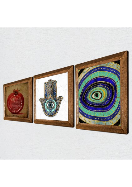 Nazar, Bereket Duası, Fatma Ana Eli (Hamsa) Ahşap Çerçeveli Taş Duvar Tablosu 3’lü Set – 25x25 cm Dekoratif Modern Sanat – Ev ve Ofis Dekoru |W3-117| fiyatları