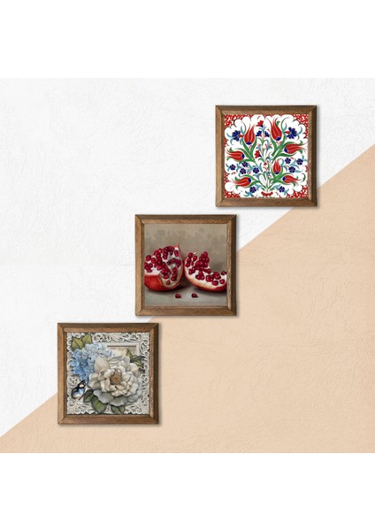 Çini Sanatı Lale, Kelebekli Çiçek, Nar Taş Duvar Tablosu Ahşap Çerçeveli Duvar Dekoru 3 Parça Tablo Seti Wall Art W3-1167 indirimleri