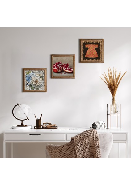 Hırka-i Şerif, Kelebekli Çiçek, Nar Taş Duvar Tablosu Ahşap Çerçeveli Duvar Dekoru 3 Parça Tablo Seti Wall Art W3-1176