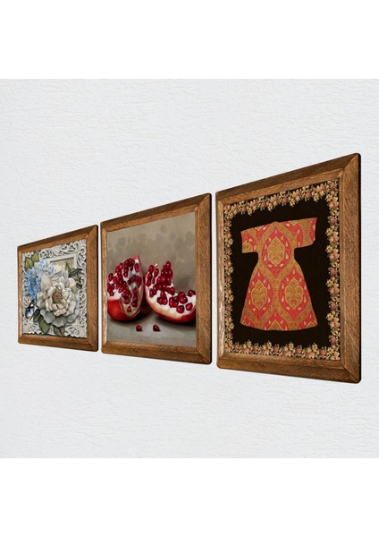 Hırka-i Şerif, Kelebekli Çiçek, Nar Taş Duvar Tablosu Ahşap Çerçeveli Duvar Dekoru 3 Parça Tablo Seti Wall Art W3-1176
