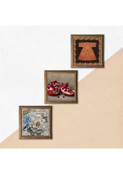 Hırka-i Şerif, Kelebekli Çiçek, Nar Taş Duvar Tablosu Ahşap Çerçeveli Duvar Dekoru 3 Parça Tablo Seti Wall Art W3-1176