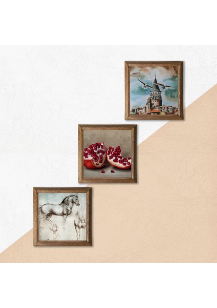 İstanbul Galata Kulesi, Leonardo da Vinci At Heykeli, Nar Taş Duvar Tablosu Ahşap Çerçeveli Duvar Dekoru 3 Parça Tablo Seti Wall Art W3-1300