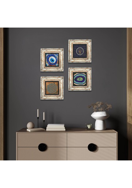 Yaşam Çiçeği, Nazar Taş Duvar Tablosu Çerçeveli Duvar Dekoru 4 Parça Tablo Seti Wall Art T4-1249