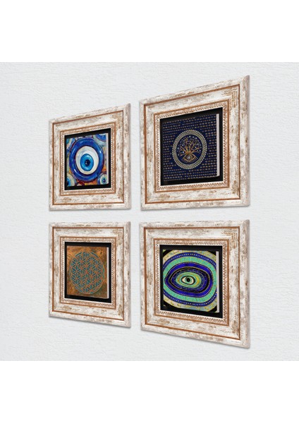 Yaşam Çiçeği, Nazar Taş Duvar Tablosu Çerçeveli Duvar Dekoru 4 Parça Tablo Seti Wall Art T4-1249