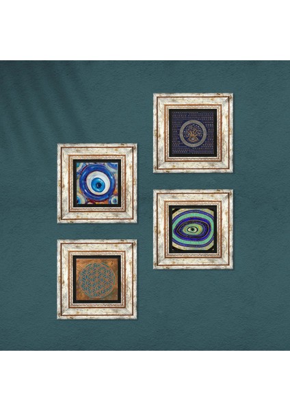 Yaşam Çiçeği, Nazar Taş Duvar Tablosu Çerçeveli Duvar Dekoru 4 Parça Tablo Seti Wall Art T4-1249