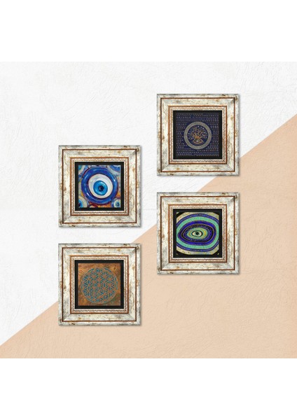 Yaşam Çiçeği, Nazar Taş Duvar Tablosu Çerçeveli Duvar Dekoru 4 Parça Tablo Seti Wall Art T4-1249