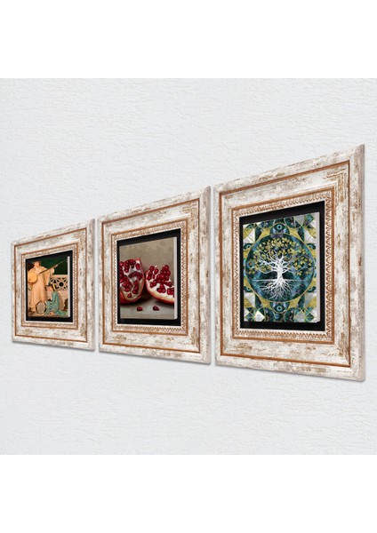 Hayat Ağacı, İki Müzisyen Kız Tablosu, Nar Taş Duvar Tablosu Çerçeveli Duvar Dekoru 3 Parça Tablo Seti Wall Art T3-1499
