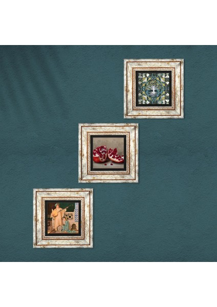 Hayat Ağacı, İki Müzisyen Kız Tablosu, Nar Taş Duvar Tablosu Çerçeveli Duvar Dekoru 3 Parça Tablo Seti Wall Art T3-1499