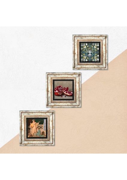 Hayat Ağacı, İki Müzisyen Kız Tablosu, Nar Taş Duvar Tablosu Çerçeveli Duvar Dekoru 3 Parça Tablo Seti Wall Art T3-1499
