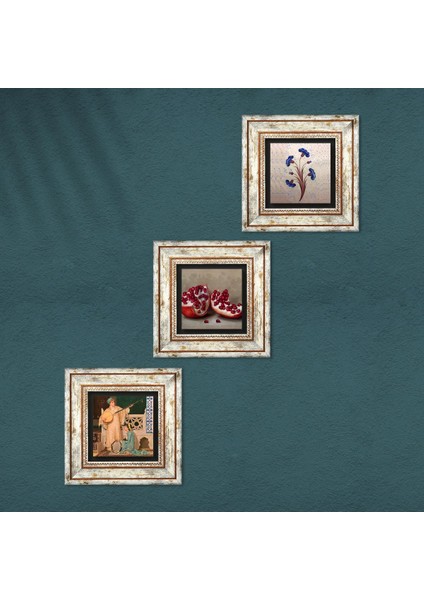 Ebru Sanatı, İki Müzisyen Kız Tablosu, Nar Taş Duvar Tablosu Çerçeveli Duvar Dekoru 3 Parça Tablo Seti Wall Art T3-1500