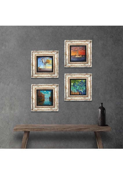 Stone Salvador Dalí, Claude Monet, Van Gogh, İstanbul Kız Kulesi Çerçeveli Taş Duvar Tablosu 4’lü Set - Dekoratif Modern Sanat, Ev ve Ofis Dekoru |TK4-751|