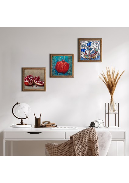 Çini Sanatı Yelkenli Gemi, Nar Taş Duvar Tablosu Ahşap Çerçeveli Duvar Dekoru 3 Parça Tablo Seti Wall Art W3-821