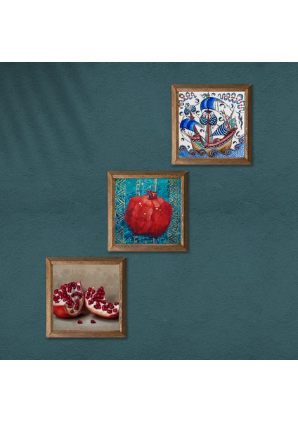 Çini Sanatı Yelkenli Gemi, Nar Taş Duvar Tablosu Ahşap Çerçeveli Duvar Dekoru 3 Parça Tablo Seti Wall Art W3-821