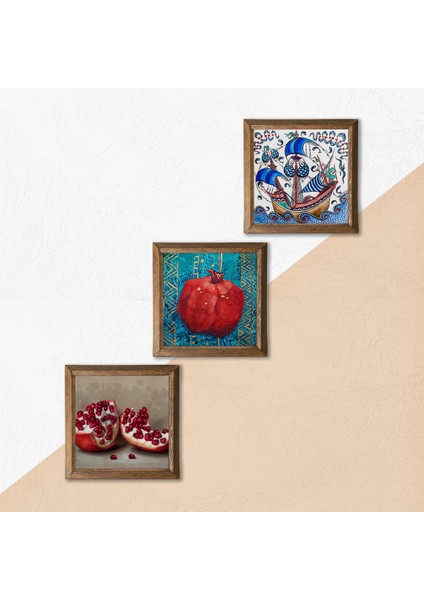 Çini Sanatı Yelkenli Gemi, Nar Taş Duvar Tablosu Ahşap Çerçeveli Duvar Dekoru 3 Parça Tablo Seti Wall Art W3-821