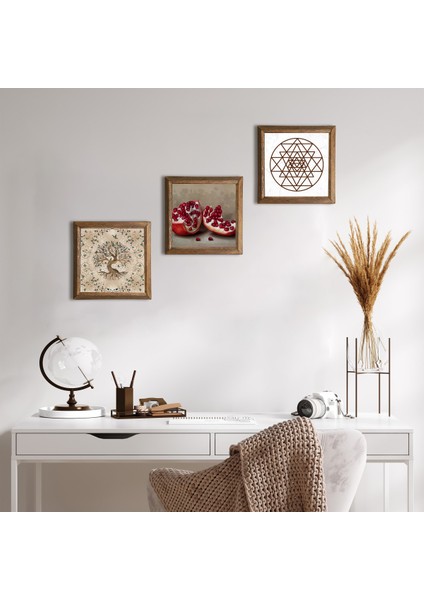 Sri Yantra, Hayat Ağacı, Nar Ahşap Çerçeveli Taş Duvar Tablosu 3’lü Set – 25x25 cm Dekoratif Modern Sanat – Ev ve Ofis Dekoru |W3-924|