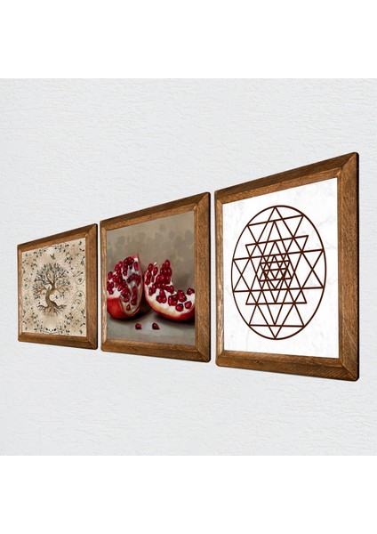 Sri Yantra, Hayat Ağacı, Nar Ahşap Çerçeveli Taş Duvar Tablosu 3’lü Set – 25x25 cm Dekoratif Modern Sanat – Ev ve Ofis Dekoru |W3-924| fiyatları