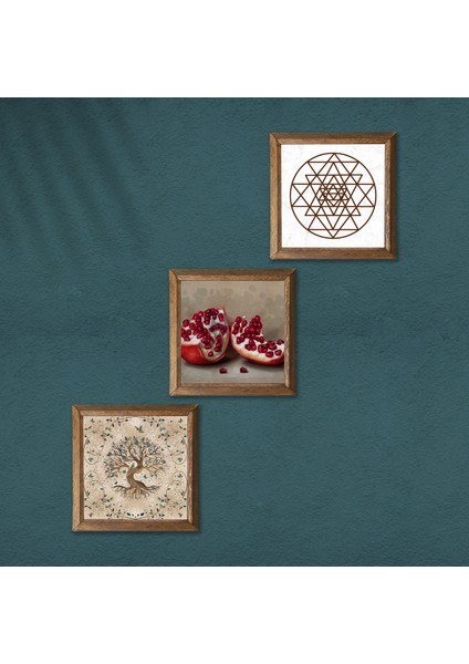 Sri Yantra, Hayat Ağacı, Nar Ahşap Çerçeveli Taş Duvar Tablosu 3’lü Set – 25x25 cm Dekoratif Modern Sanat – Ev ve Ofis Dekoru |W3-924| modelleri