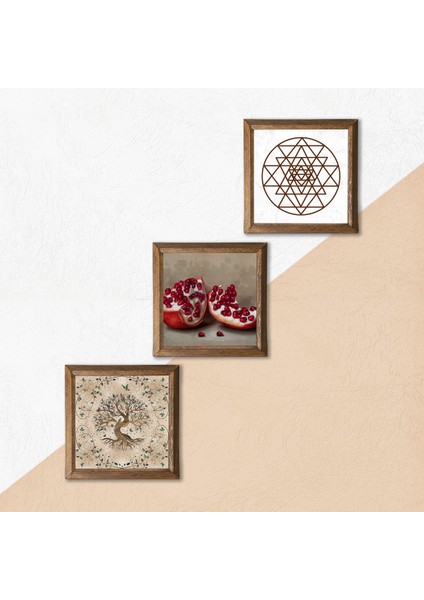 Sri Yantra, Hayat Ağacı, Nar Ahşap Çerçeveli Taş Duvar Tablosu 3’lü Set – 25x25 cm Dekoratif Modern Sanat – Ev ve Ofis Dekoru |W3-924| indirimleri