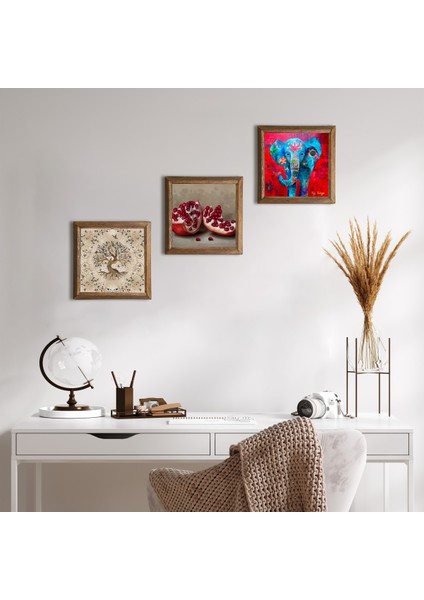 Fil, Hayat Ağacı, Nar Ahşap Çerçeveli Taş Duvar Tablosu 3’lü Set – 25x25 cm Dekoratif Modern Sanat – Ev ve Ofis Dekoru |W3-939|