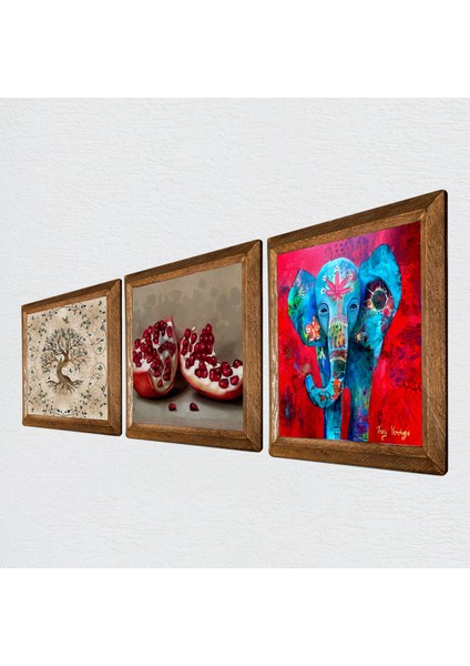 Fil, Hayat Ağacı, Nar Ahşap Çerçeveli Taş Duvar Tablosu 3’lü Set – 25x25 cm Dekoratif Modern Sanat – Ev ve Ofis Dekoru |W3-939| fiyatları