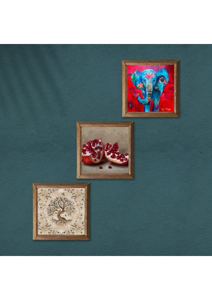 Fil, Hayat Ağacı, Nar Ahşap Çerçeveli Taş Duvar Tablosu 3’lü Set – 25x25 cm Dekoratif Modern Sanat – Ev ve Ofis Dekoru |W3-939| modelleri