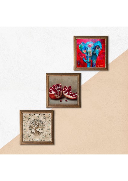 Fil, Hayat Ağacı, Nar Ahşap Çerçeveli Taş Duvar Tablosu 3’lü Set – 25x25 cm Dekoratif Modern Sanat – Ev ve Ofis Dekoru |W3-939| indirimleri