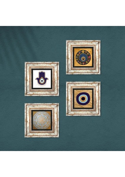 Stone Fatma Ana Eli (Hamsa), Sri Yantra, Nazar Çerçeveli Taş Duvar Tablosu 4’lü Set - Dekoratif Modern Sanat, Ev ve Ofis Dekoru |TK4-1820| fırsatları
