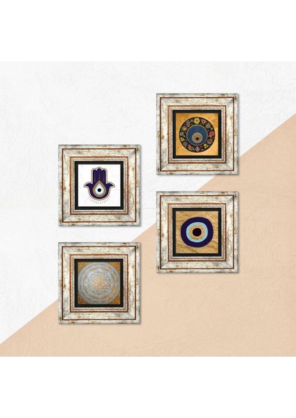 Stone Fatma Ana Eli (Hamsa), Sri Yantra, Nazar Çerçeveli Taş Duvar Tablosu 4’lü Set - Dekoratif Modern Sanat, Ev ve Ofis Dekoru |TK4-1820| indirimleri