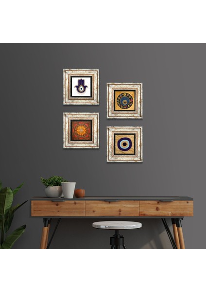 Stone Fatma Ana Eli (Hamsa), Sri Yantra, Nazar Çerçeveli Taş Duvar Tablosu 4’lü Set - Dekoratif Modern Sanat, Ev ve Ofis Dekoru |TK4-1821|