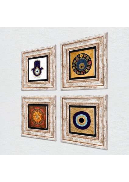 Stone Fatma Ana Eli (Hamsa), Sri Yantra, Nazar Çerçeveli Taş Duvar Tablosu 4’lü Set - Dekoratif Modern Sanat, Ev ve Ofis Dekoru |TK4-1821| fiyatları