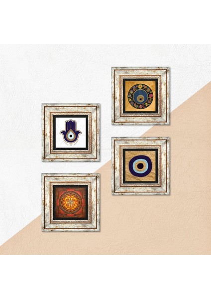 Stone Fatma Ana Eli (Hamsa), Sri Yantra, Nazar Çerçeveli Taş Duvar Tablosu 4’lü Set - Dekoratif Modern Sanat, Ev ve Ofis Dekoru |TK4-1821| indirimleri