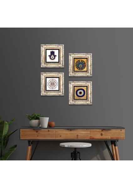 Stone Fatma Ana Eli (Hamsa), Sri Yantra, Nazar Çerçeveli Taş Duvar Tablosu 4’lü Set - Dekoratif Modern Sanat, Ev ve Ofis Dekoru |TK4-1823|