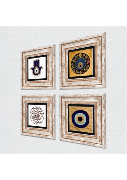 Stone Fatma Ana Eli (Hamsa), Sri Yantra, Nazar Çerçeveli Taş Duvar Tablosu 4’lü Set - Dekoratif Modern Sanat, Ev ve Ofis Dekoru |TK4-1823| fiyatları