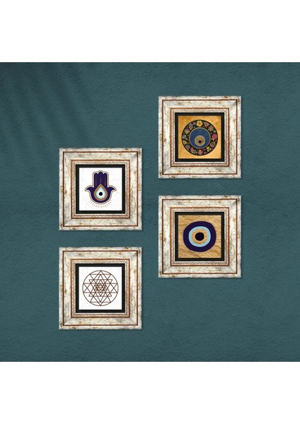 Stone Fatma Ana Eli (Hamsa), Sri Yantra, Nazar Çerçeveli Taş Duvar Tablosu 4’lü Set - Dekoratif Modern Sanat, Ev ve Ofis Dekoru |TK4-1823| fırsatları